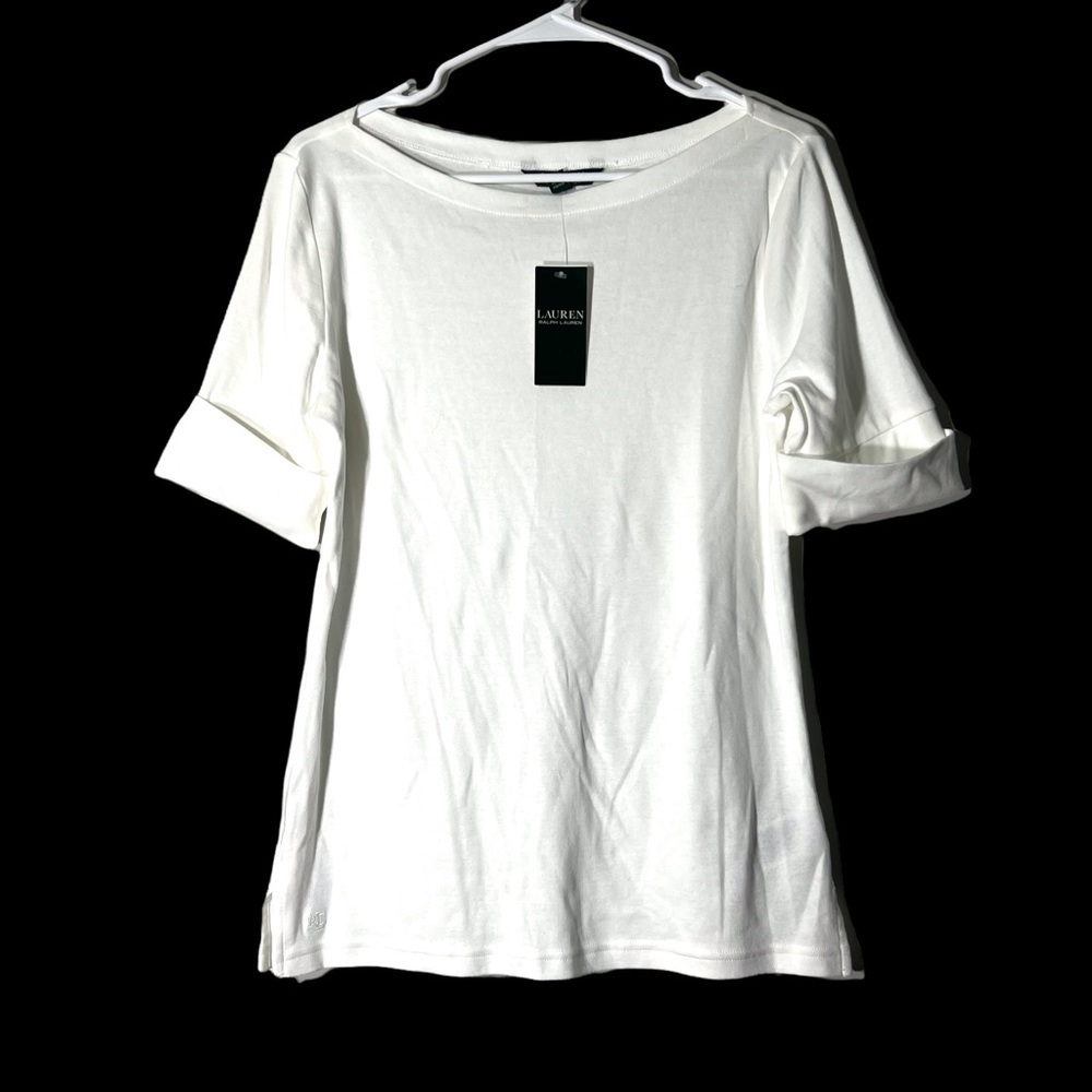 NWT Lauren RL Basic White Scoop Neck White Top - Large